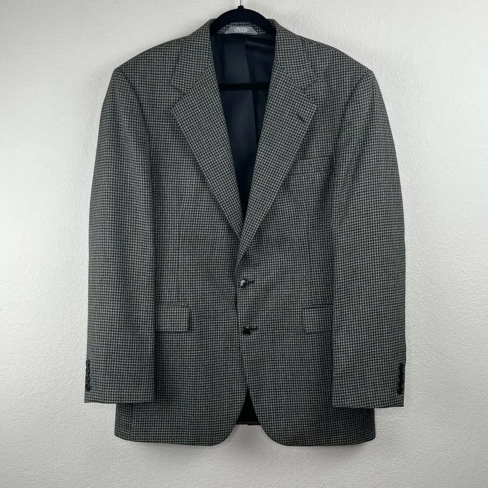 Vintage 80s 90s Haggar Black Tan Houndstooth Tweed Blazer Sport Coat 42L USA